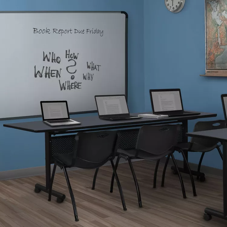 84" x 24" Flip Top Mobile Training Table with Modesty Panel- Grey and 3 "M" Stack Chairs- Black