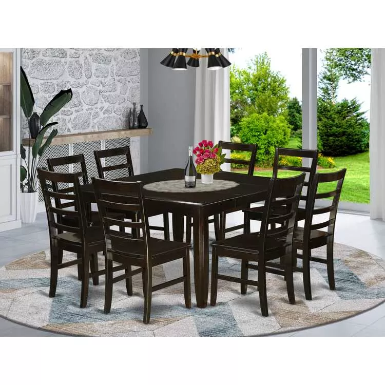 9 Pc Dining Room Set - Square Dining Table With Leaf And 8 Dining Chairs In Black & Cherry