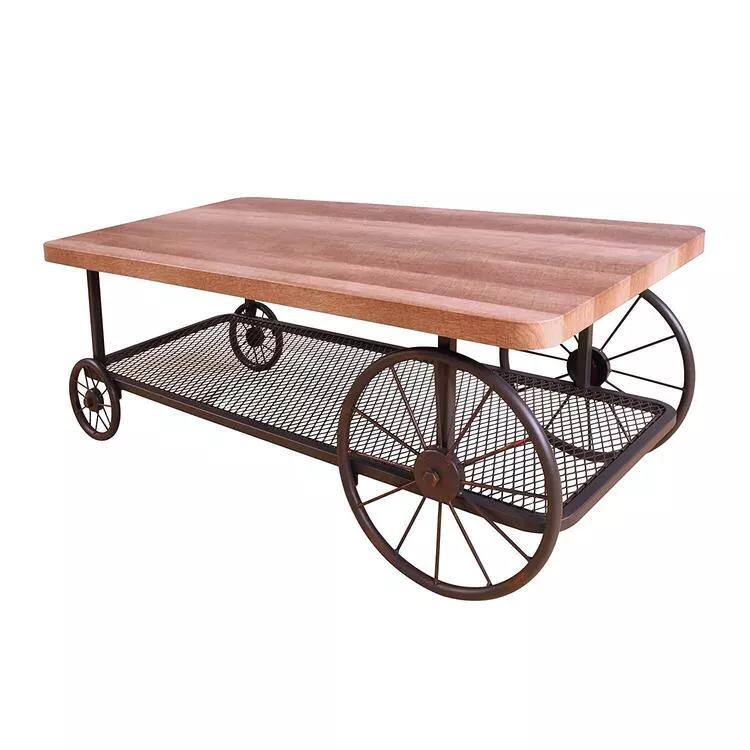 ACME Industrial Coffee Table with Butcher Block & Mesh Shelf