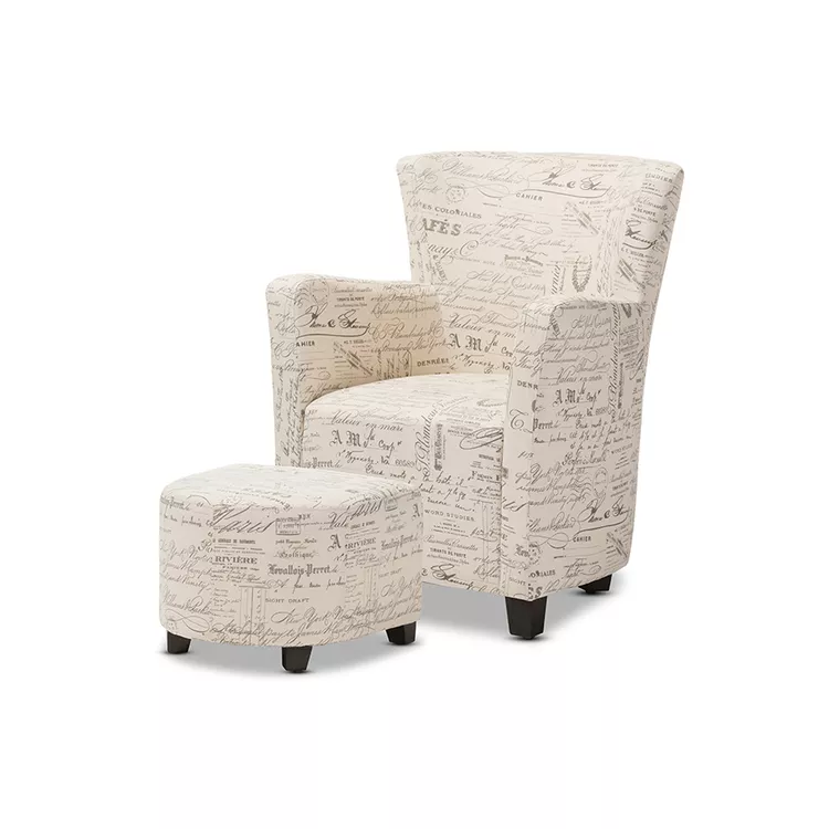 Baxton Studio Benson French Script Patterned Fabric Club Chair And Ottoman Set