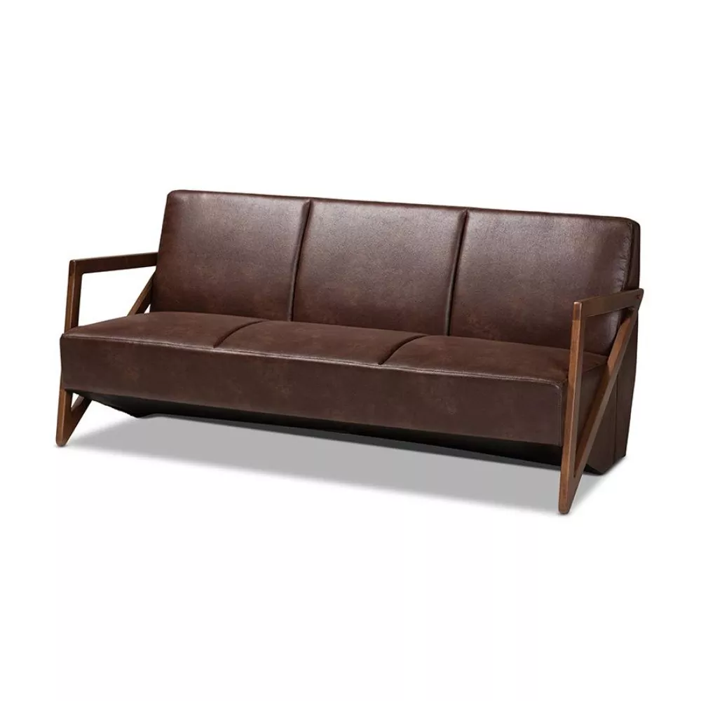 Baxton Studio Leather Effect Fabric Upholstered and Walnut Brown Finished Wood Sofa