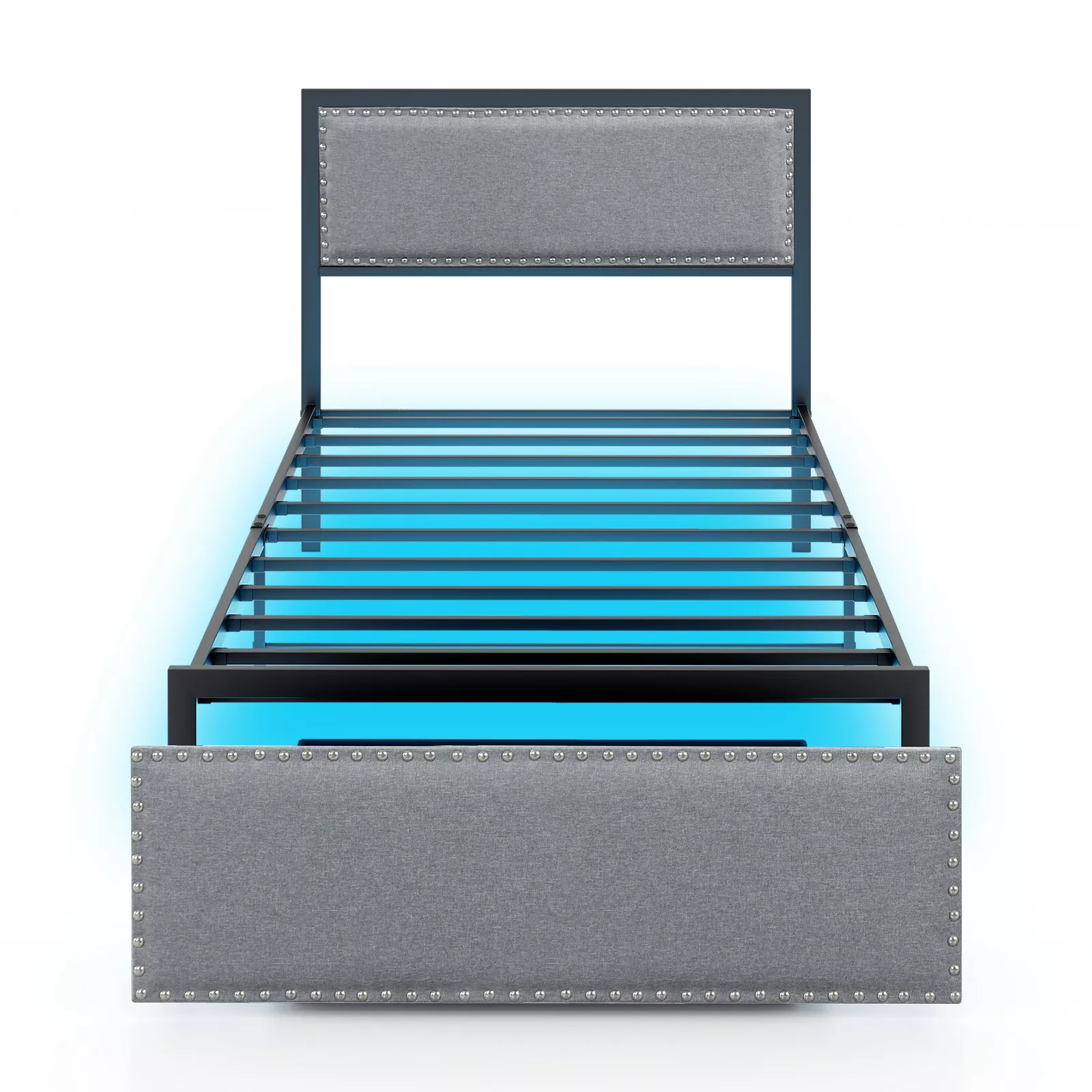 Bed Frame with LED Lights Drawer and Metal Slats