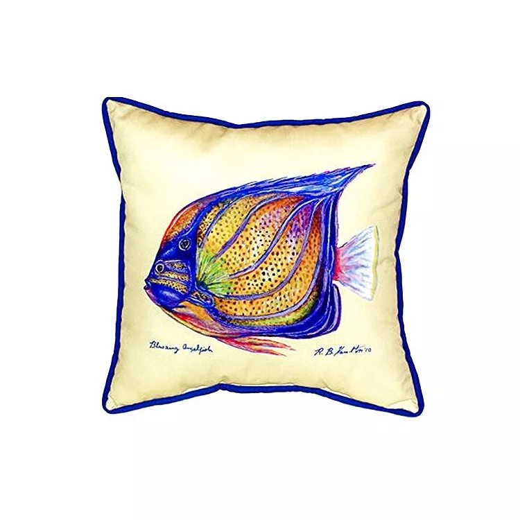 Betsy Drake Blue Ring Angelfish Yellow Throw Pillow
