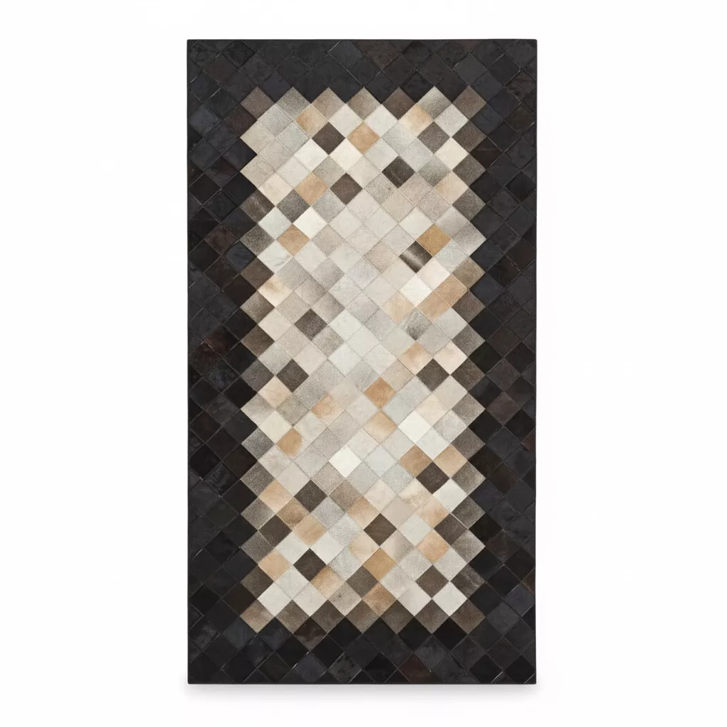Black Border Cowhide Rug, Diamond Pattern Patchwork Leather Carpet, Natural Cowhide Area Rug, Handmade Rectangular Cowhide Runner