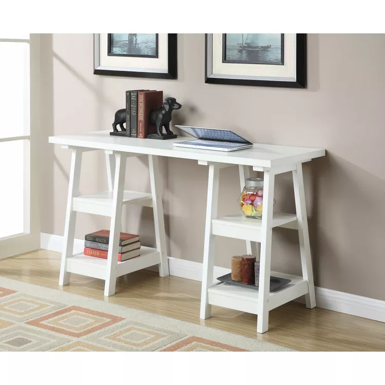 Black Double Trestle Desk with Shelves and Computer Space - Convenience Concepts