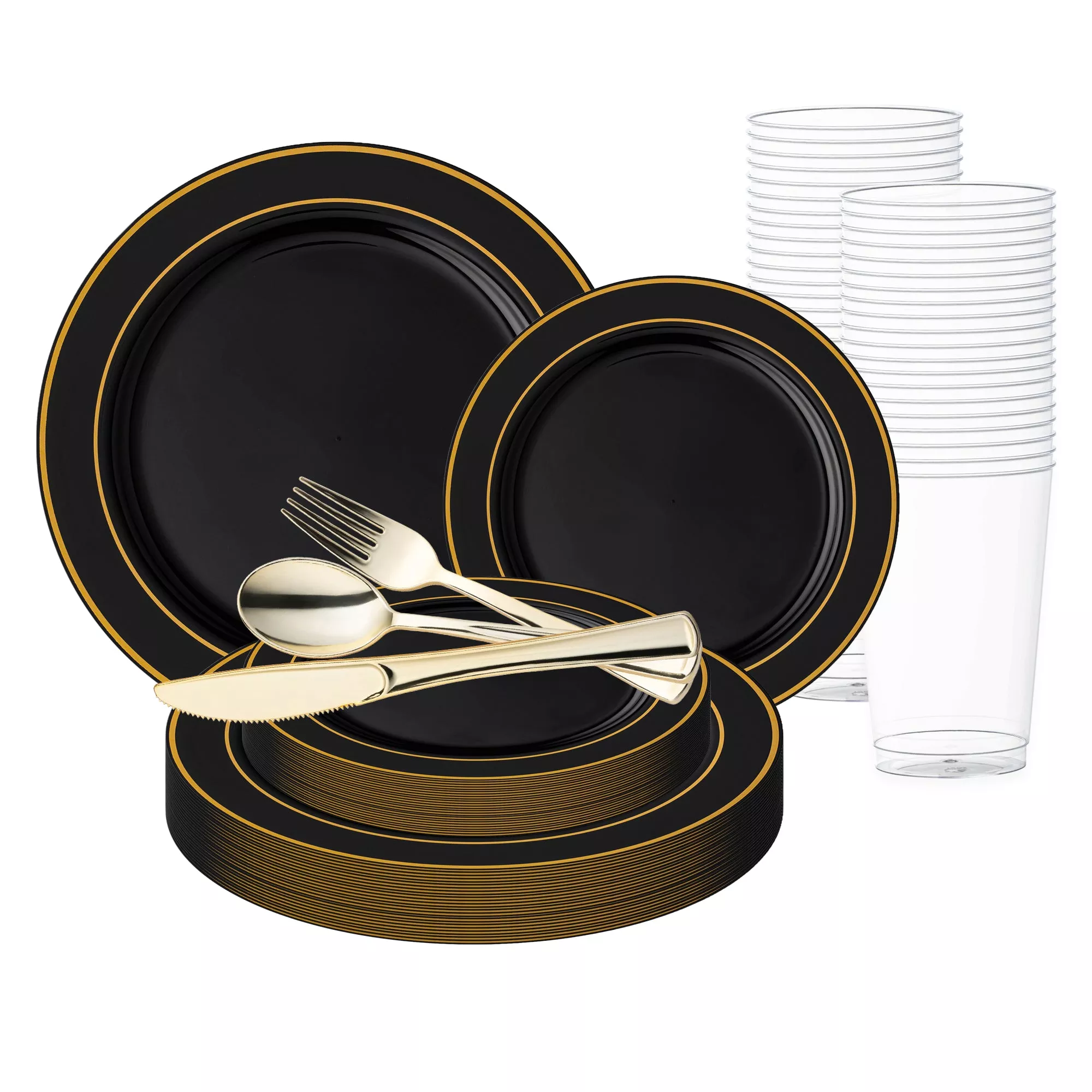 Black with Gold Edge Rim Plastic Wedding Value Set (30 Sets)