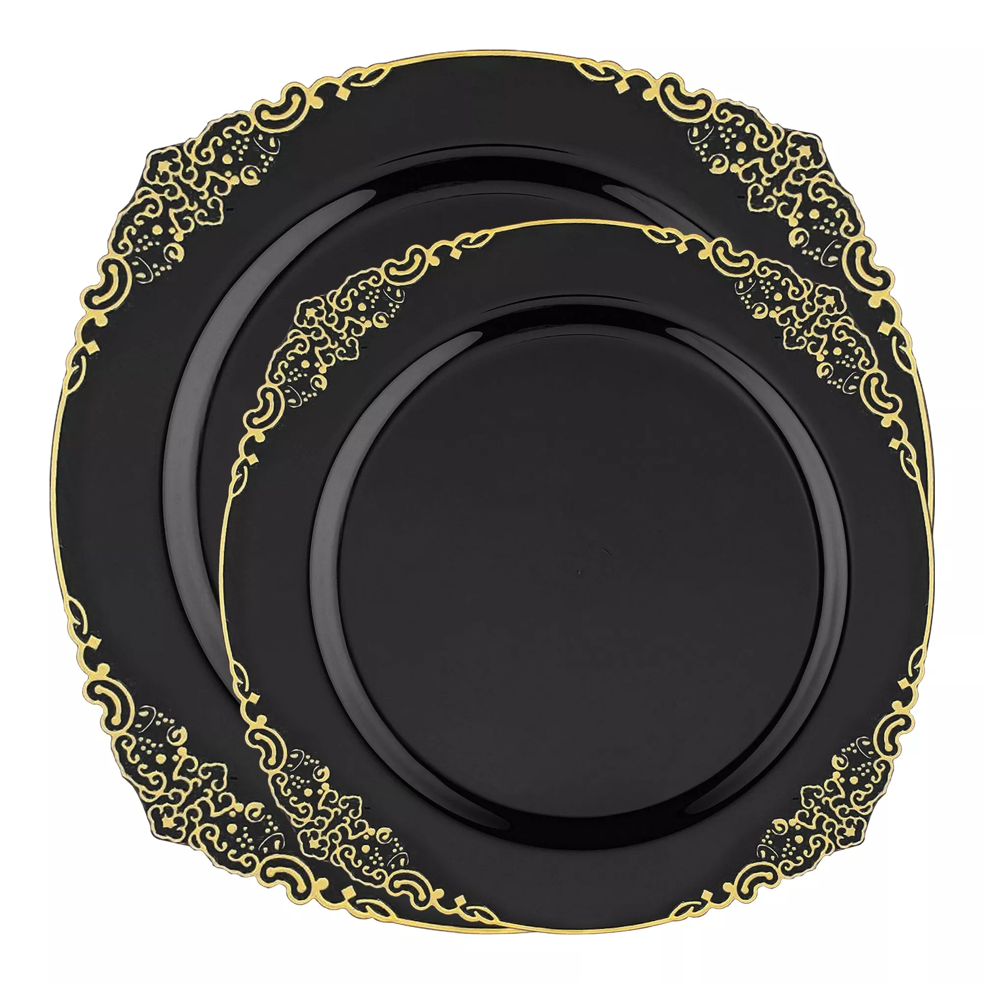 Black with Gold Fancy Round Plastic Dinnerware Value Set (120 Sets)