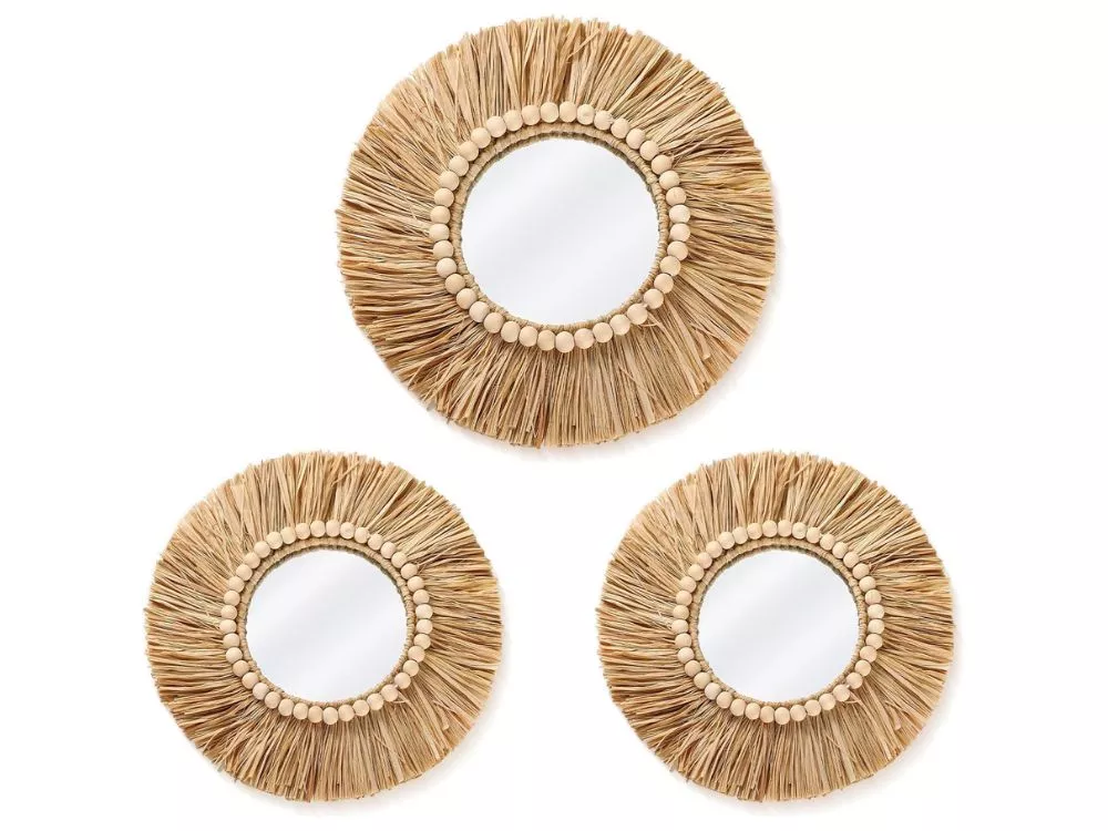 Boho Raffia Round Wall Mirror Set Rustic Decorative Mirrors with Wood Beads