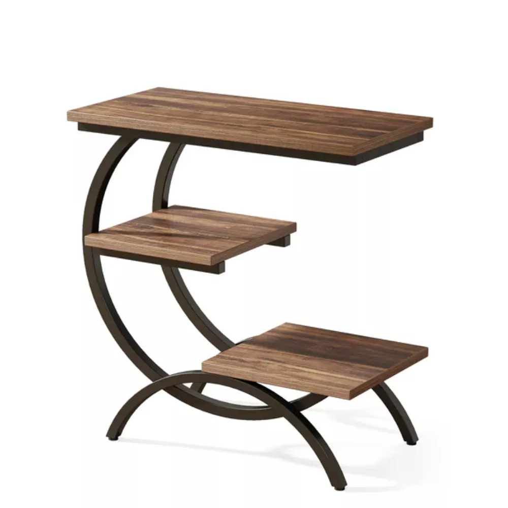 C-Shaped 3-Tier End Table, Industrial Side Table for Small Spaces