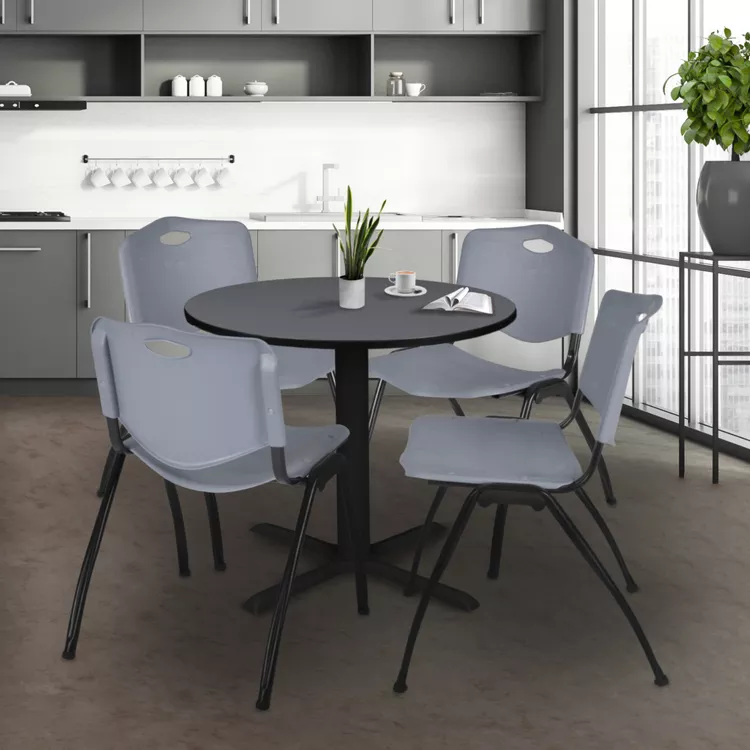 Cain 30" Round Breakroom Table- Grey & 4 'M' Stack Chairs- Grey