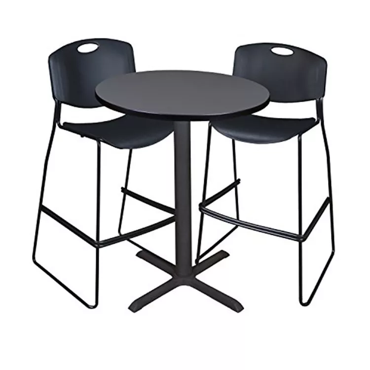 Cain 30" Round Café Table- Grey & 2 Zeng Stack Stools- Black