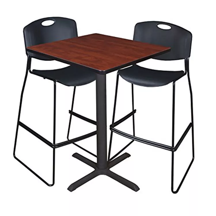 Cain 30" Square Café Table- Cherry & 2 Zeng Stack Stools- Black