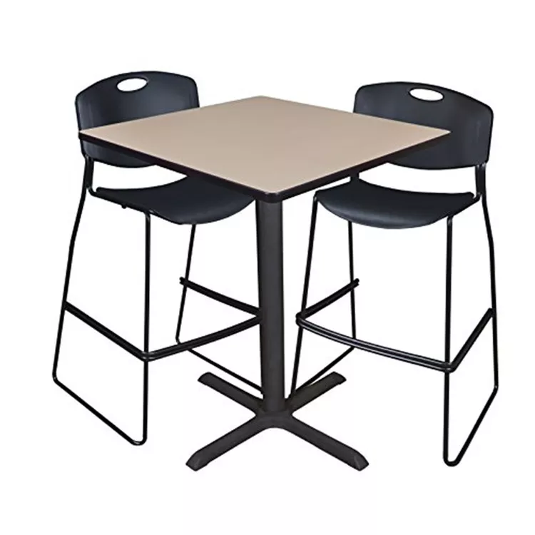Cain 36" Square Café Table- Beige & 2 Zeng Stack Stools- Black