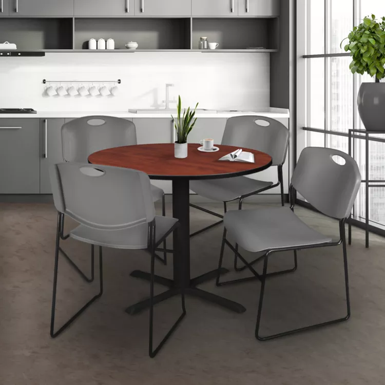 Cain 42" Round Breakroom Table- Cherry & 4 Zeng Stack Chairs- Grey