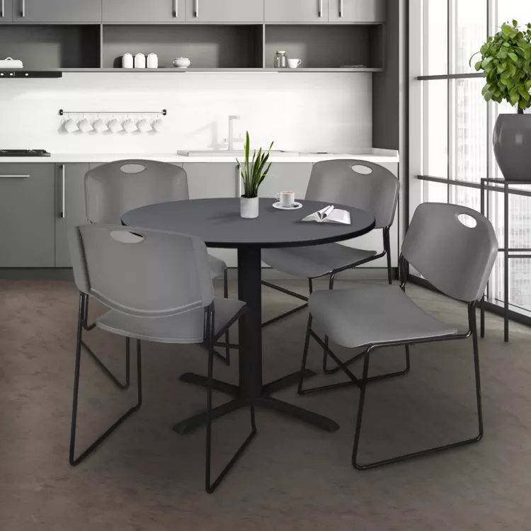 Cain 42" Round Breakroom Table- Grey & 4 Zeng Stack Chairs- Grey