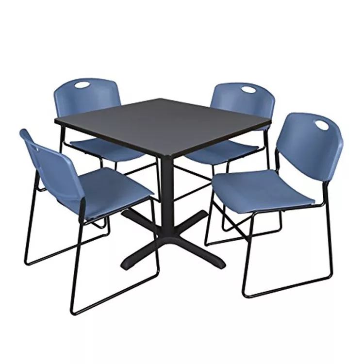 Cain 42" Square Breakroom Table- Grey & 4 Zeng Stack Chairs- Blue