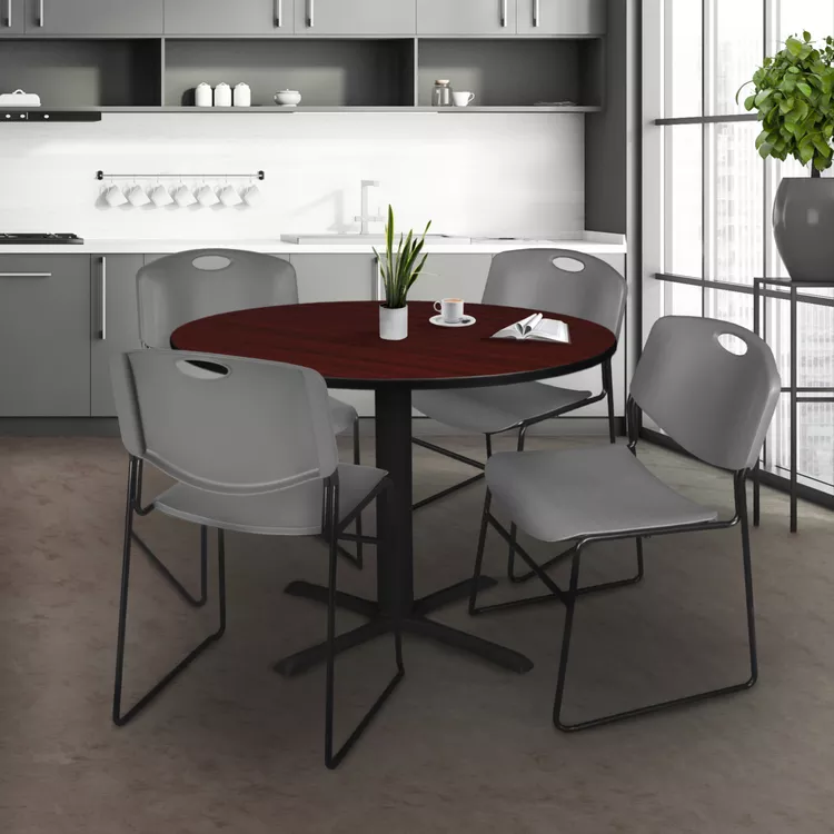 Cain 48" Round Breakroom Table- Mahogany & 4 Zeng Stack Chairs- Grey