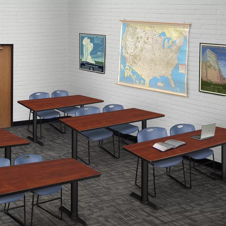 Cain 48" x 24" Training Table- Cherry & 2 Zeng Stack Chairs- Blue