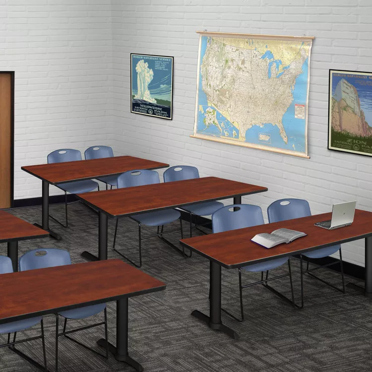 Cain 60" x 24" Training Table- Cherry & 2 Zeng Stack Chairs- Blue