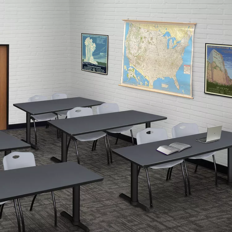 Cain 60" x 24" Training Table- Grey & 2 'M' Stack Chairs- Grey