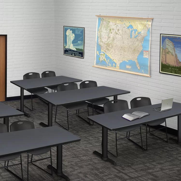 Cain 66" x 24" Training Table- Grey & 2 Zeng Stack Chairs- Black