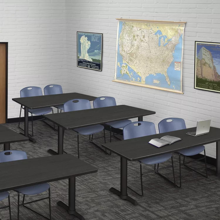 Cain 72" x 24" Training Table- Grey & 2 Zeng Stack Chairs- Blue