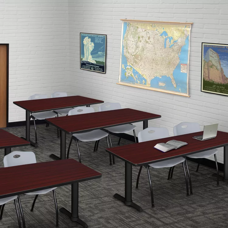 Cain 72" x 24" Training Table- Mahogany & 2 'M' Stack Chairs- Grey