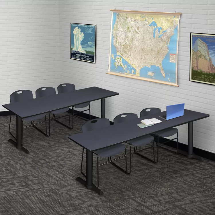 Cain 84" x 24" Training Table- Grey & 3 Zeng Stack Chairs- Black