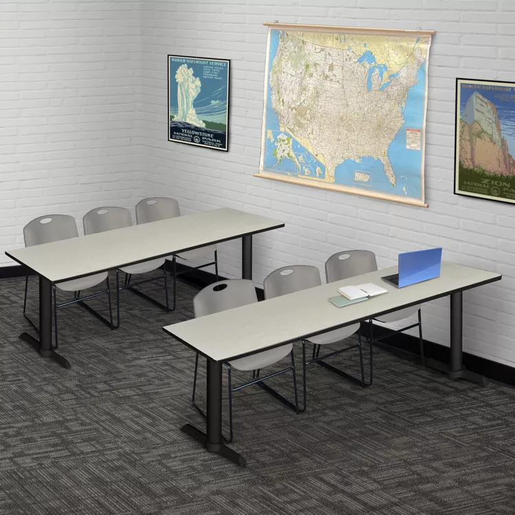 Cain 84" x 24" Training Table- Maple & 3 Zeng Stack Chairs- Grey