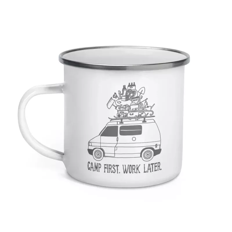 "Camp First, Work Later" Eurvoan Enamel Mug