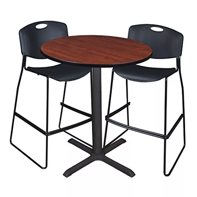 Cherry 36 Round Café Table Set w/ 2 Stack Stools Black - Regency Seating