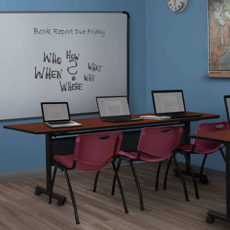 Cherry Flip Top Mobile Training Table w/ Modesty Panel & 3 Burgundy Stack Chairs - Regency Seating