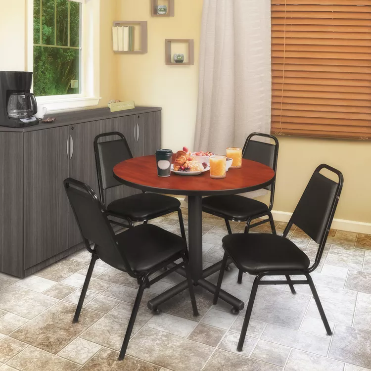 Cherry Round Restaurant Table 42 & Black Stack Chairs Set - Regency Seating