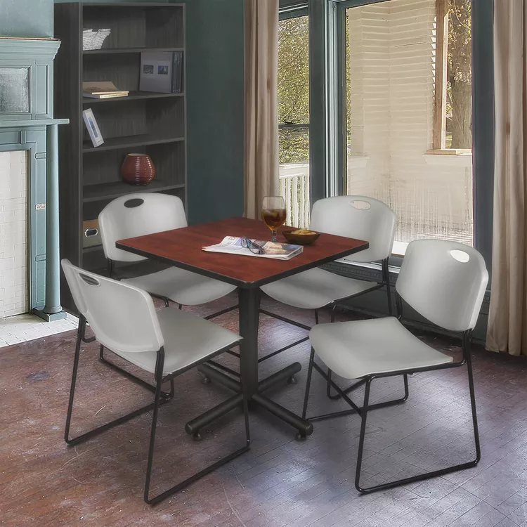 Cherry Square Breakroom Table with Grey Stack Chairs Set - Regency Seating