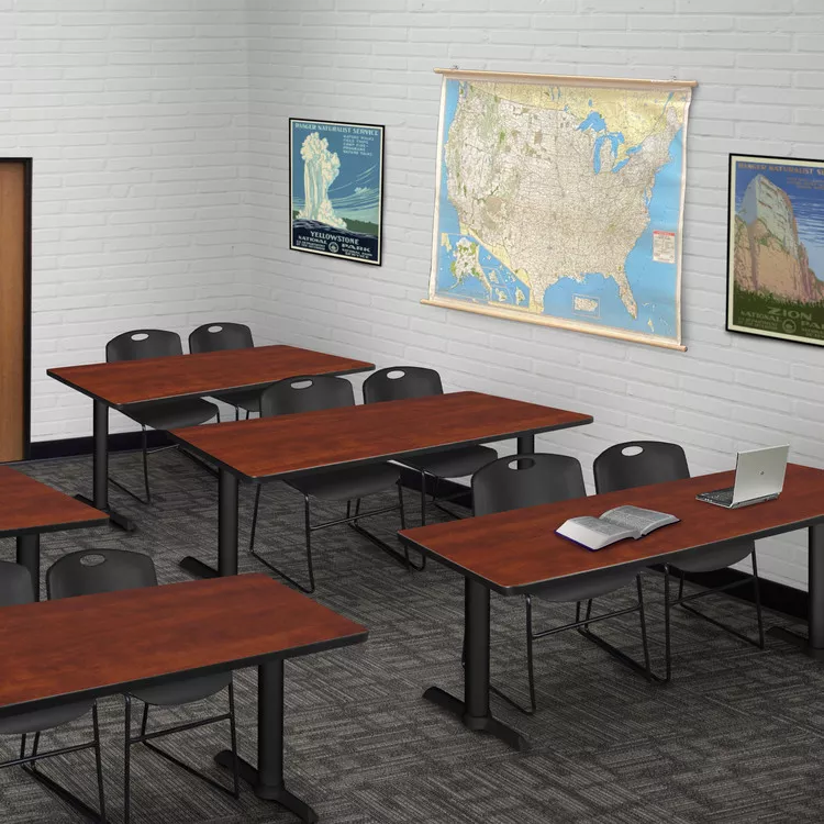 Cherry Training Table & Black Stack Chairs Set - 60 x 24 Desk Size - Regency Seating