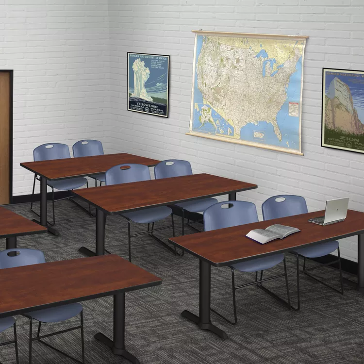 Cherry Training Table w/ Blue Stack Chairs, 72 x 24, 2 Seat Capacity - Regency Seating