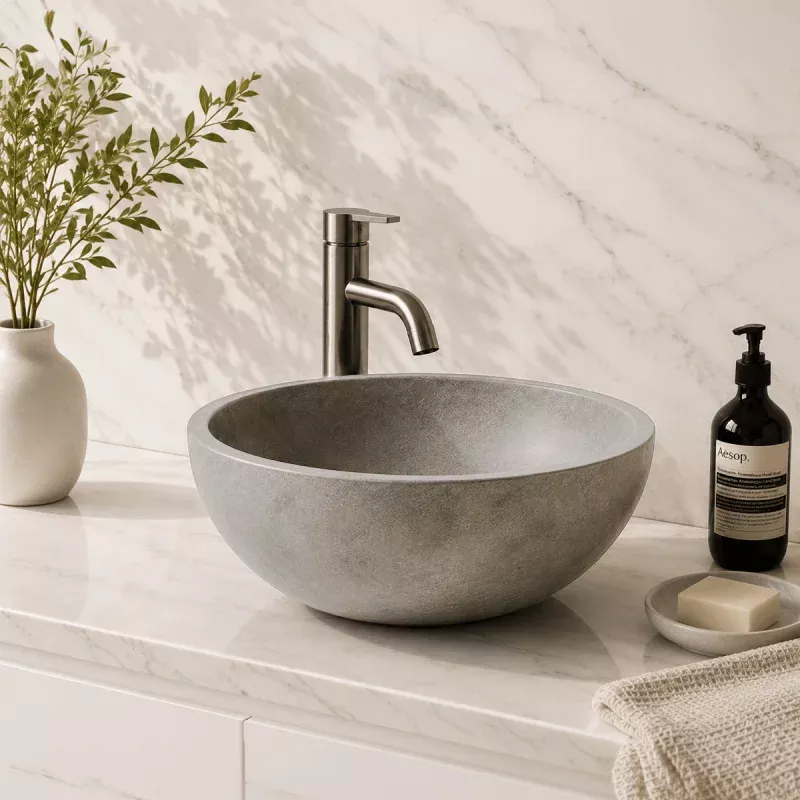 Felpy Round Cast Concrete Vessel Sink - Light Grey with Textured Finish
