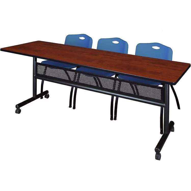 Flip Top Mobile Training Table Cherry Modesty Panel Blue Stack Chairs - Regency Seating