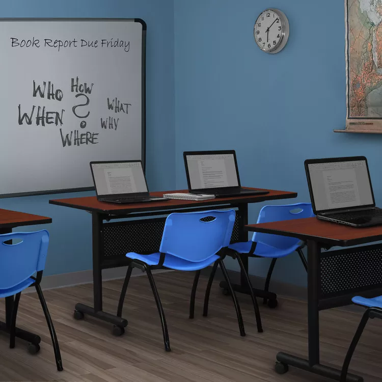 Flip Top Training Table 72x24 Cherry Modesty Panel + 2 Stack Chairs Blue - Regency Seating
