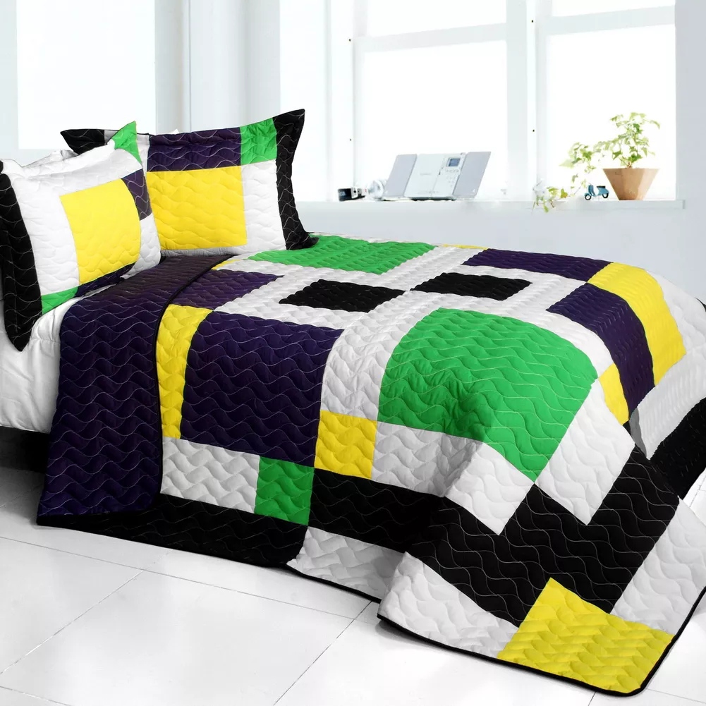 Football Field Queen Size 3PC Quilted Patchwork Bed Cover Bedding Set