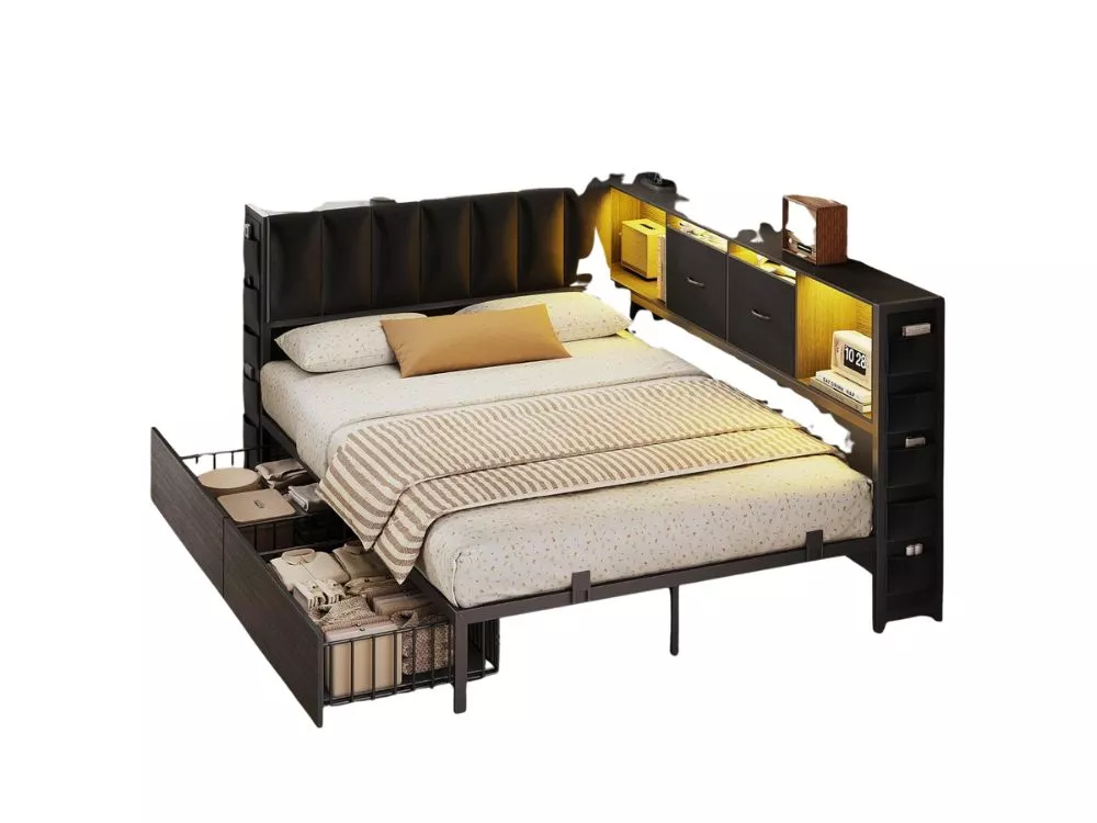 Full Corner Bed Frame – Upholstered Storage Headboard with Drawers, LED & Charging Station