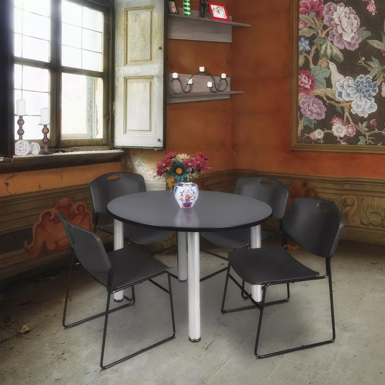 Grey Chrome 48 Round Conference Table with 4 Black Stack Chairs - Regency Seating