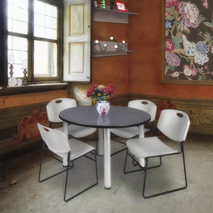 Grey Chrome Round Meeting Table & 4 Stackable Desk Chairs Set - Regency Seating