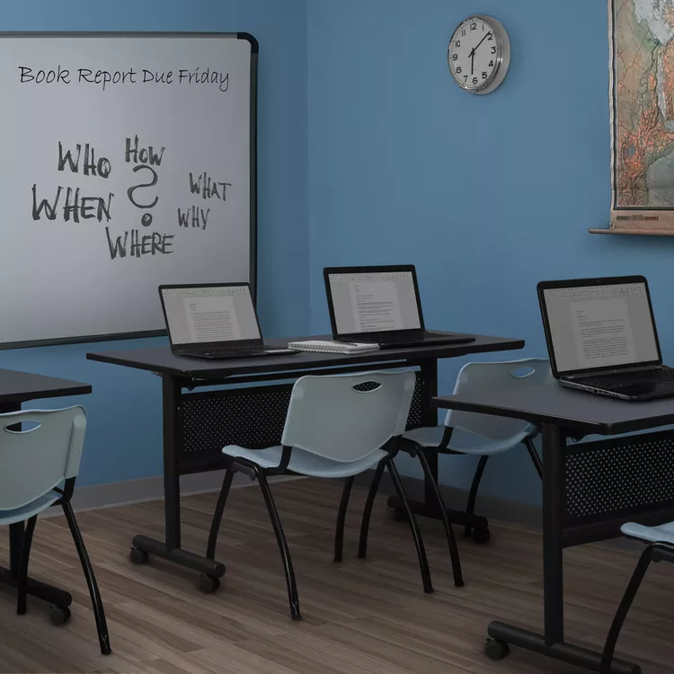 Grey Flip Top Mobile Training Table Modesty Panel Stack Chairs Desk Workstation - Regency Seating