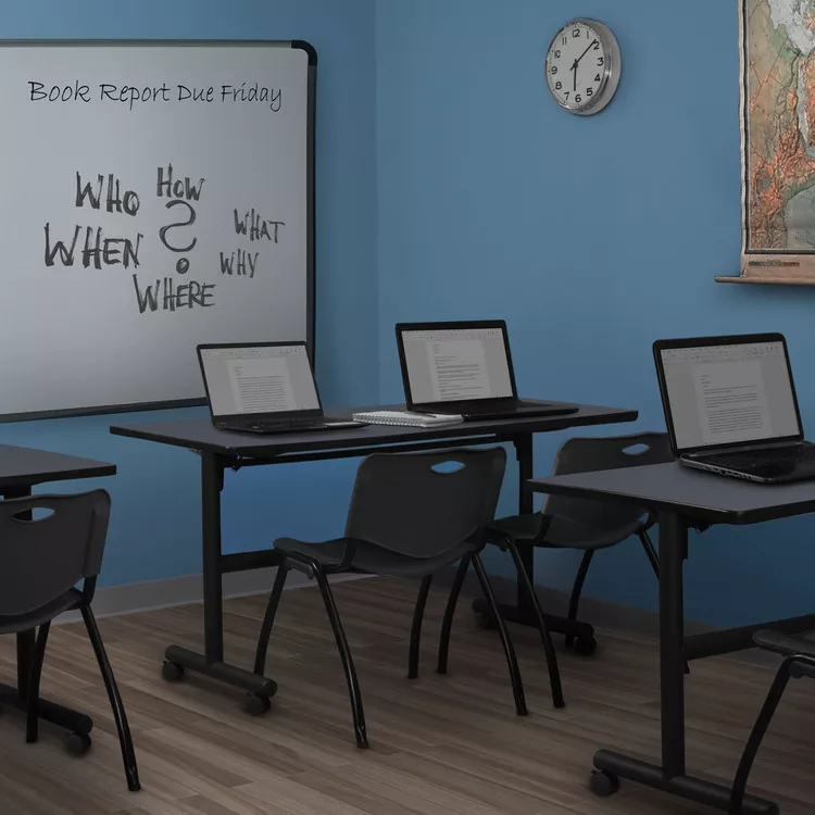 Grey Flip Top Mobile Training Table with Black Stack Chairs - Regency Seating