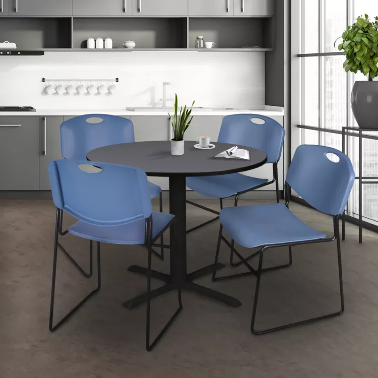 Grey Round Breakroom Table 42 w/ Blue Stack Chairs Set - Regency Seating