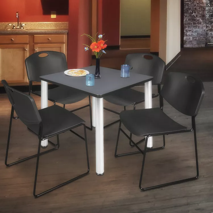 Grey Square Office Table 36in Chrome Frame with Black Stack Chairs Set - Regency Seating