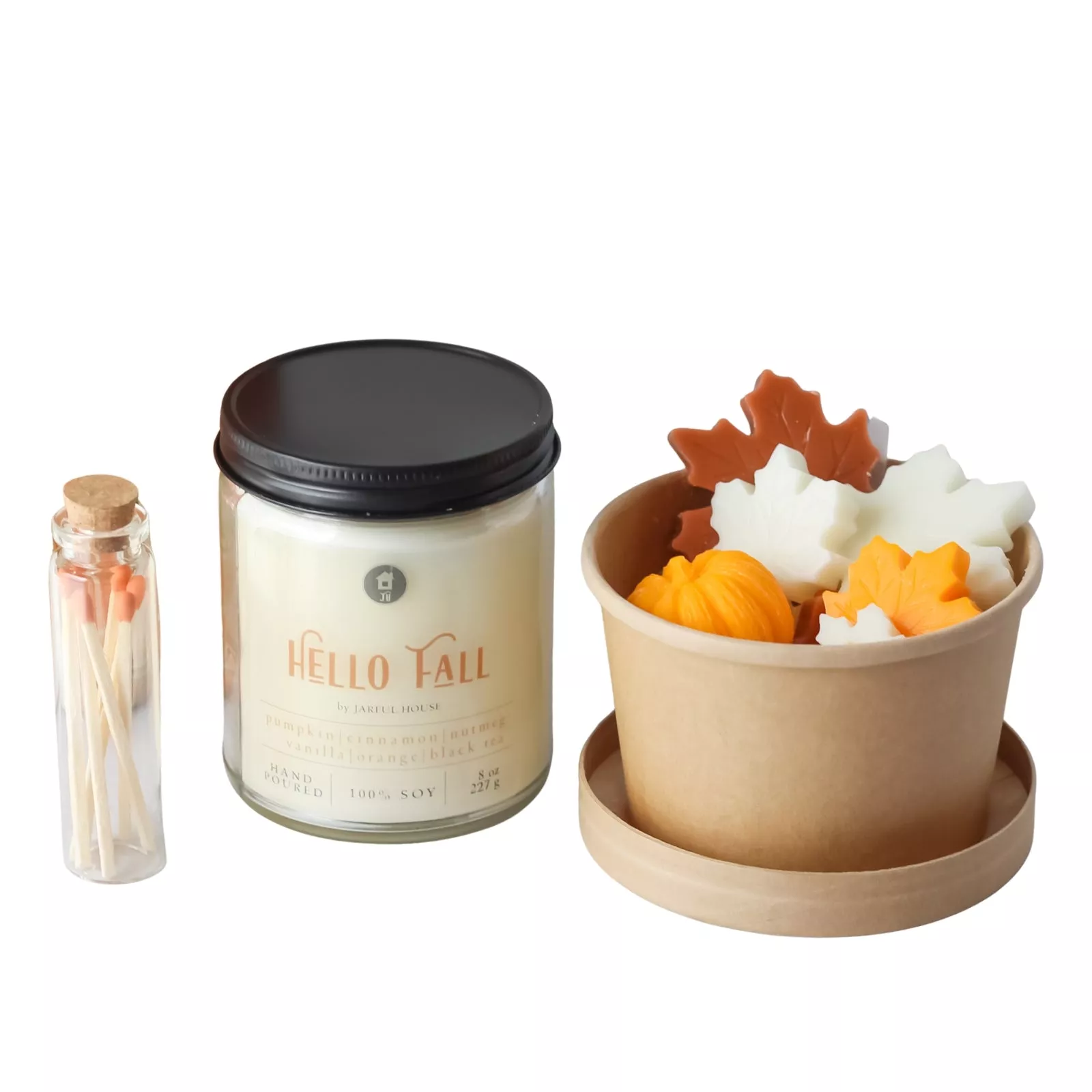 Hello Fall Gift Set – 8 oz Candle, Autumn Leaves Melts + Matches
