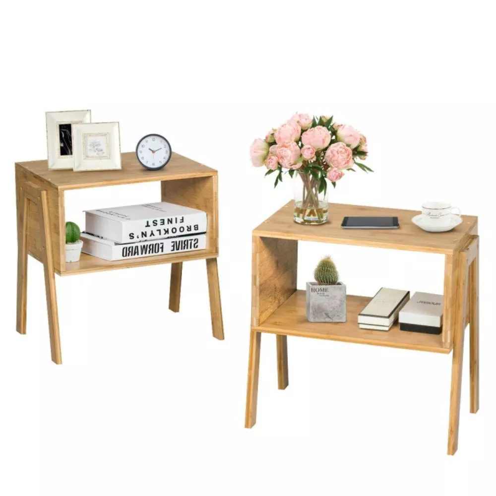 Hivvago 2 Pieces Bamboo Nightstand Sofa Table with Storage Shelf