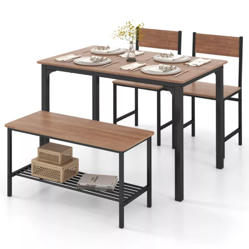 Hivvago 4 Pieces Rustic Dining Table Set with 2 Chairs and Bench